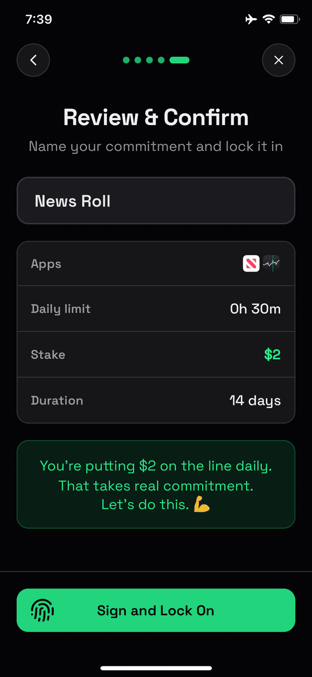Confirm commitment screen